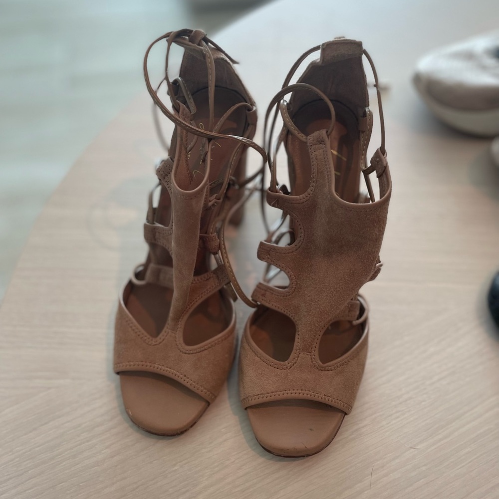 Tan chunky heel with ankle wrap around